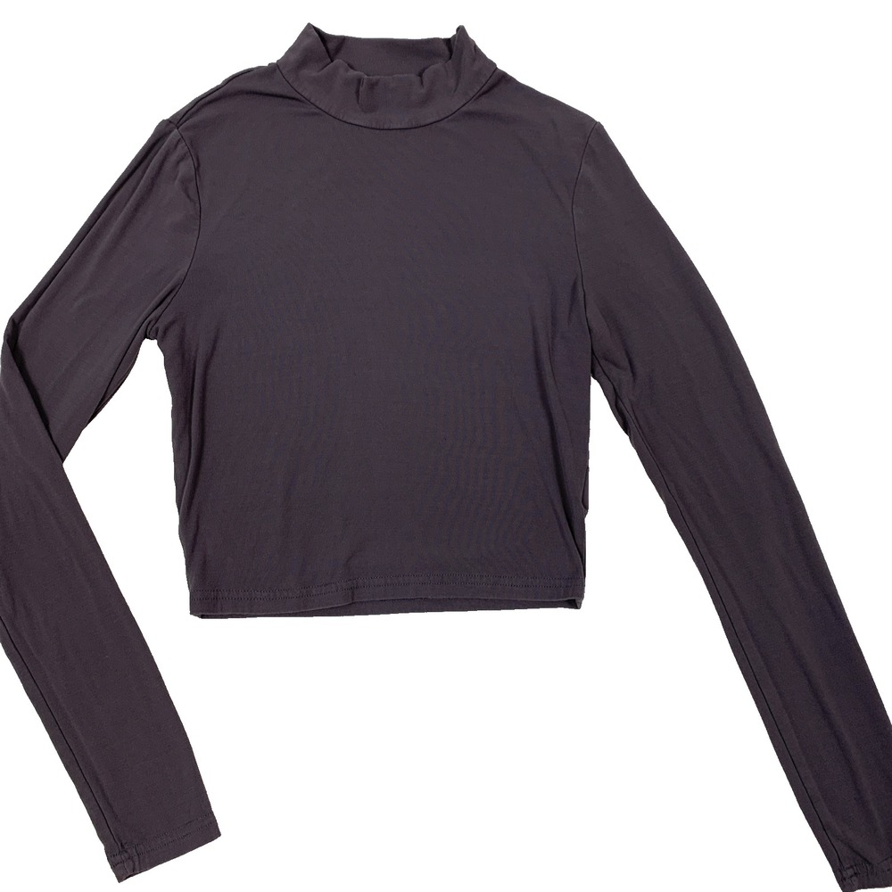 Shein Gray Long Sleeve Mock Neck Cropped Shirt Blouse Women's Size Small S
